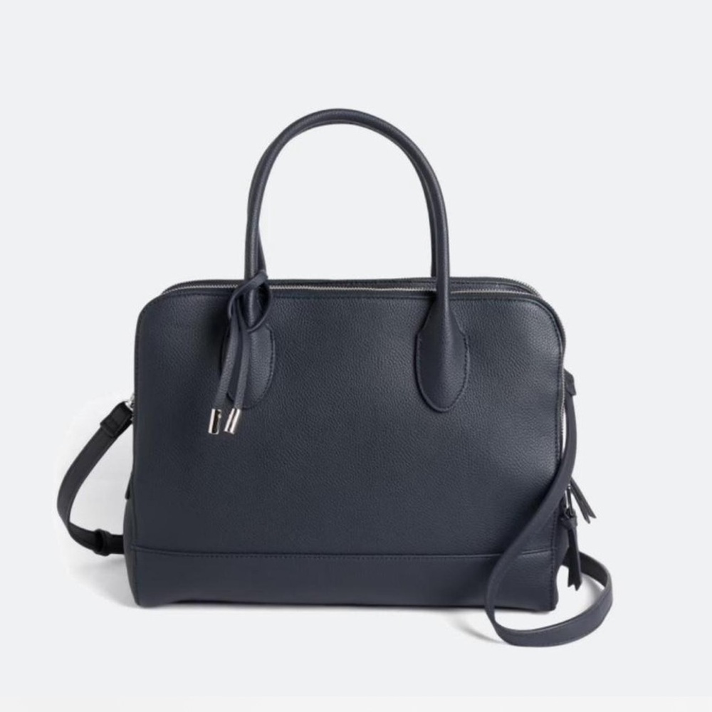 Women's Navy Leather Satchel Top Handle Bag